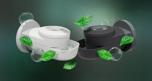 Hvit og sort LESSEAU dispenser presentert sammen